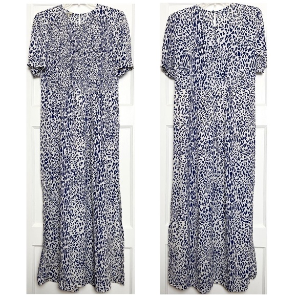 BAUM UND PFERDGARTEN Silk Short Sleeve Leopard Print Smocked Front Midi Dress 14 - Picture 12 of 16